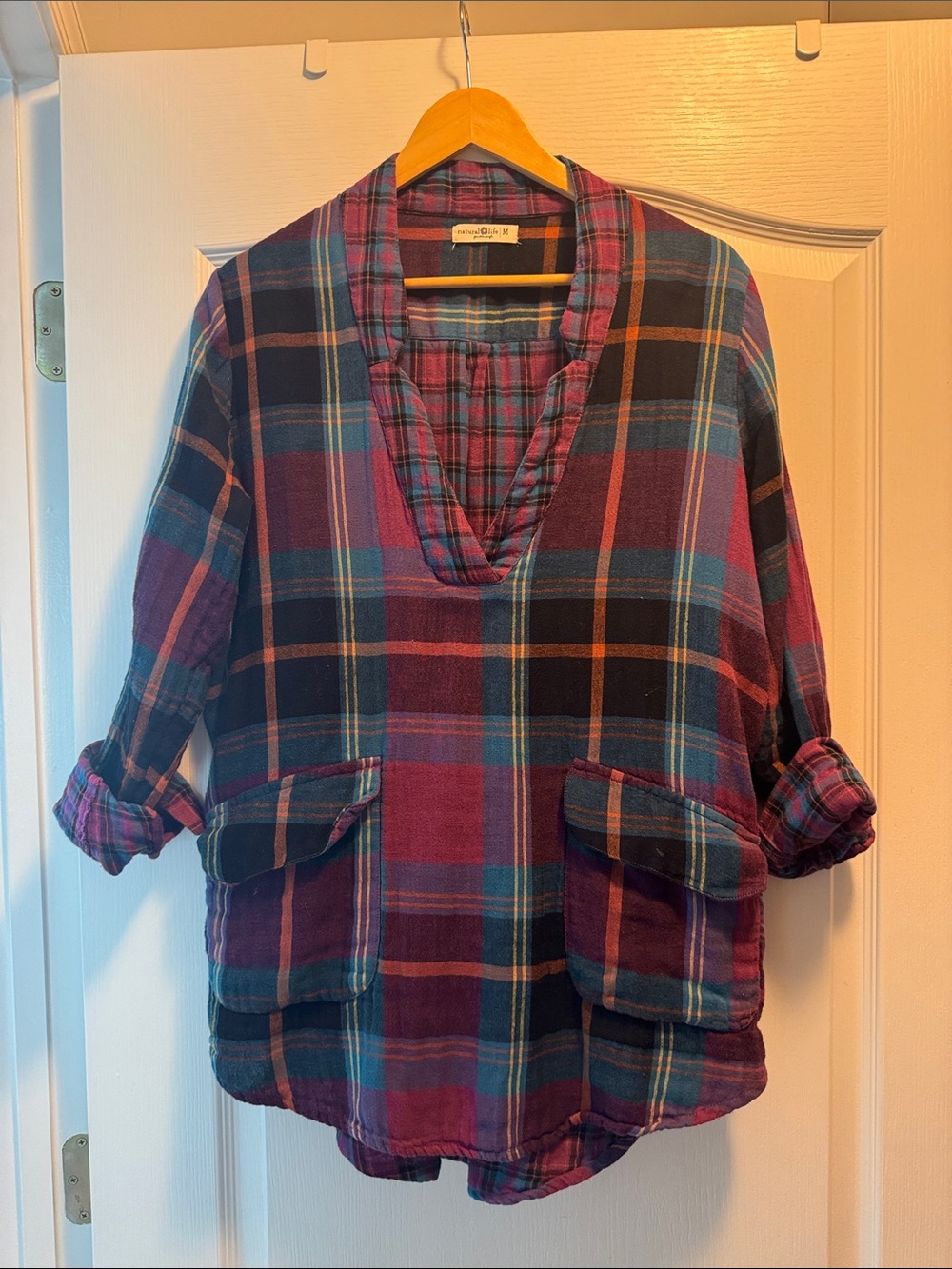 NATURAL LIFE Burgundy and Teal Plaid V-Neck Tunic